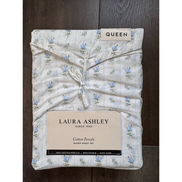 NEW Laura Ashley Sweet Buds- Blue Floral/ Stripes QUEEN Sheet Set Farmhouse - Picture 1 of 8